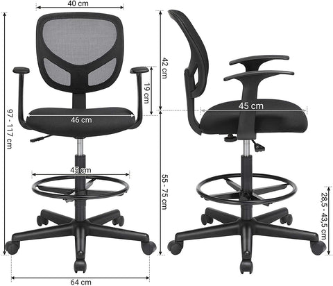 Rootz Office chair - Swivel chair - Work stool - Ergonomic - Armrests - Height Adjustable - Footrest - Black - Plastic - Fabric - 64 x 64 x 97-117 cm