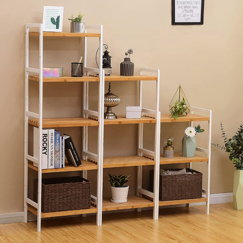 Rootz Shelving Unit - Storage Rack - Kitchen Cabinet - Bamboo - White - Beige - 5 Levels - 45 x 31.5 x 142 cm
