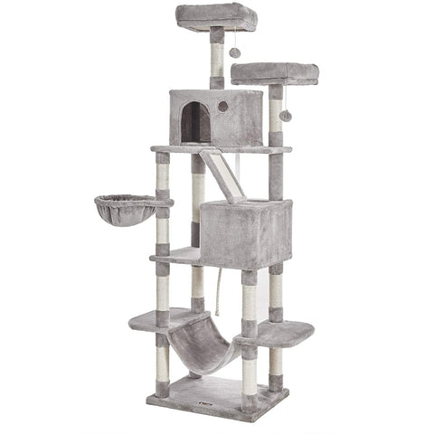 Rootz Scratching Post - Cat Tree - Cat Caves - Hammock - Gray - Beige - Hammock - 7 Levels - 60 x 50 x 206 cm