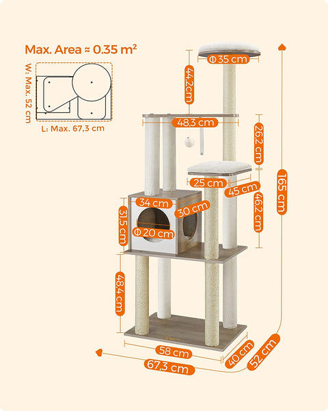 Rootz Scratching Post - Cat House - Cat Cave - With Toy Ball - Cat Tree - Greige - 58 x 40 x 165 cm (L x W x H)