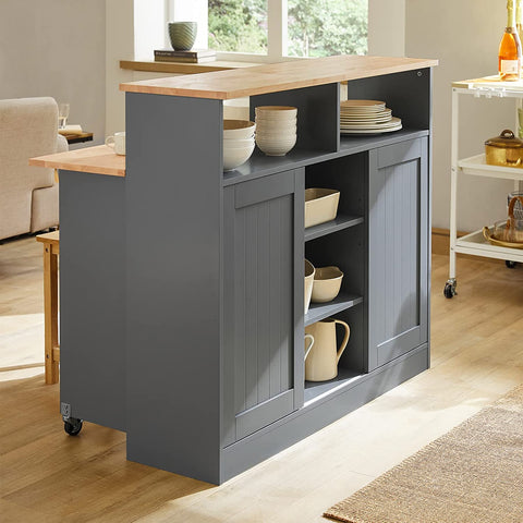 Rootz Kitchen Island - Sideboard with 2 Sliding Doors and Foldable Worktop - Kitchen Dining Room - Sideboard Storage Cabinet - Cupboard