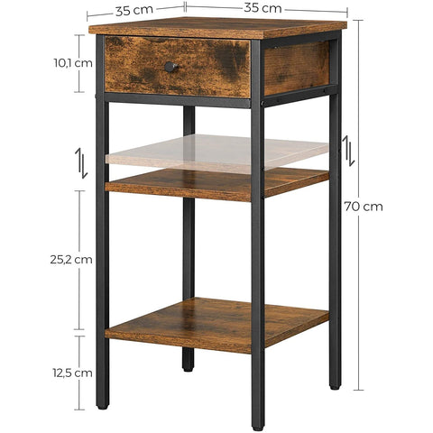Rootz Bedside table - Side table - Drawer - 2 Shelves - 35 x 35 x 70 cm - Processed Wood - Metal - Industrial - Brown - Black