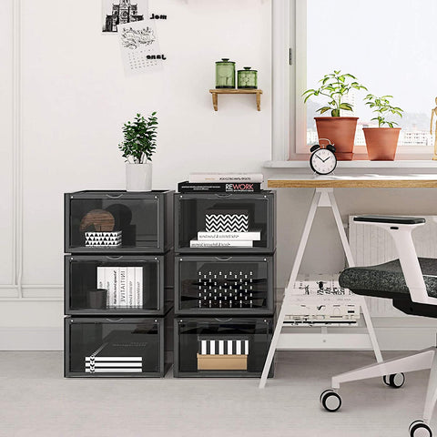 Rootz Shoe Box - Set of 6 - Stackable Shoe Organizer - Shoes up to size 46 - Black/Transparent - 36 x 28 x 22 cm