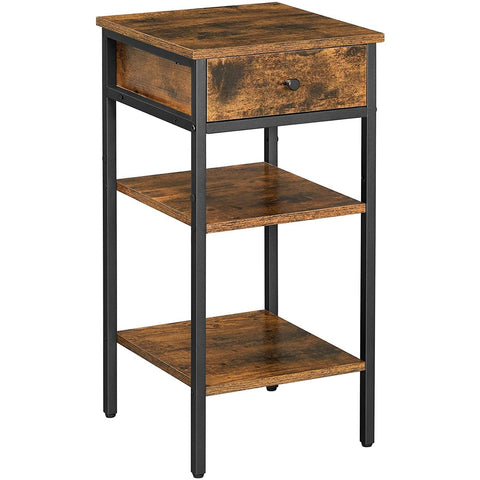 Rootz Bedside table - Side table - Drawer - 2 Shelves - 35 x 35 x 70 cm - Processed Wood - Metal - Industrial - Brown - Black