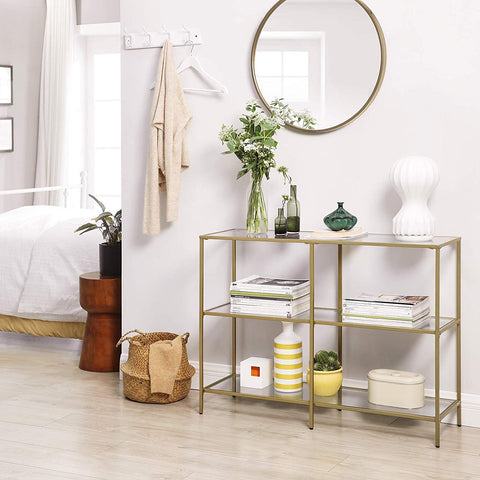 Rootz Console Table - Side Table - 3 Shelves - Storage Rack - Glass - Metal - Gold - 100 x 30 x 73 c