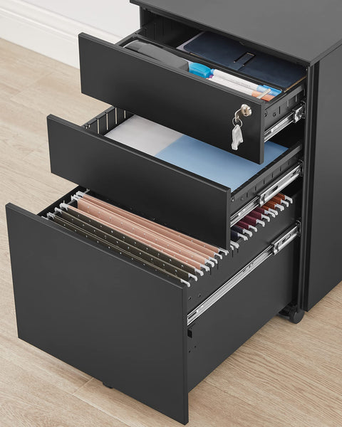 Rootz Steel Rolling Cabinet with 3 Drawers - Hanging File Lockable Office Cabinet - 52 x 39 x 60 cm