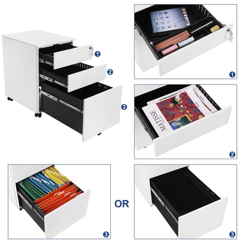 Rootz Lockable office cabinet with hanging file - Under desk with 3 drawer - Pre-assembled - For files and documents - White (52 x 39 x 60 cm)