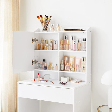 Rootz Dressing Table - Cosmetic Table - Open Compartments - Mirror - 1 Drawer - Adjustable Shelves - White - Processed Wood - 70 x 40 x 136 cm