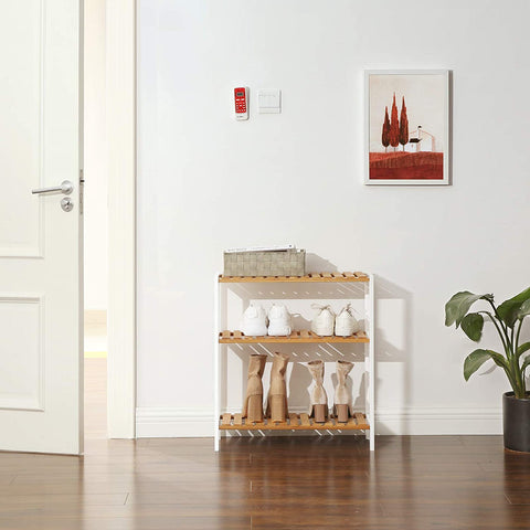 Rootz Schoenenrek - Schoenenrek - Bamboe - Rek - 3 Niveaus - Wit - Beige - 60 x 26 x 66 cm