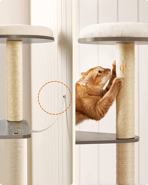 Rootz Scratching Post - Cat House - Cat Cave - With Toy Ball - Cat Tree - Greige - 58 x 40 x 165 cm (L x W x H)