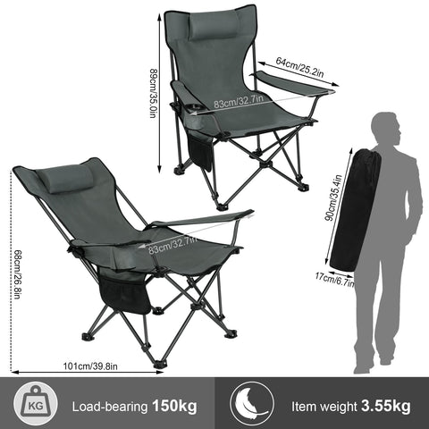 Rootz Camping Chair - Foldable Fishing Seat - Beach Lounger - Reclining Deck Chair - Portable Outdoor Furniture - Relaxation Seat - Gray - 35.7 x 7.7 x 6.9 inches