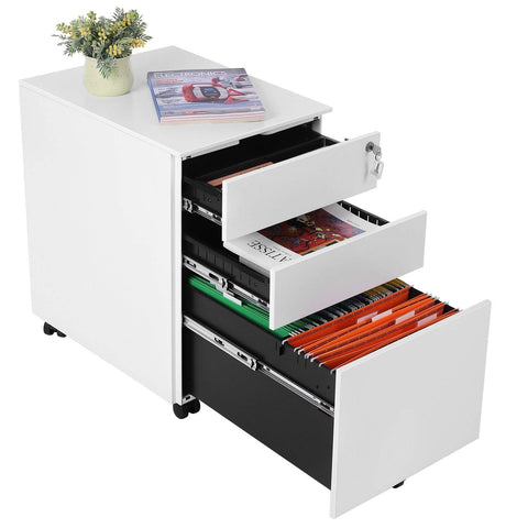 Rootz Lockable office cabinet with hanging file - Under desk with 3 drawer - Pre-assembled - For files and documents - White (52 x 39 x 60 cm)