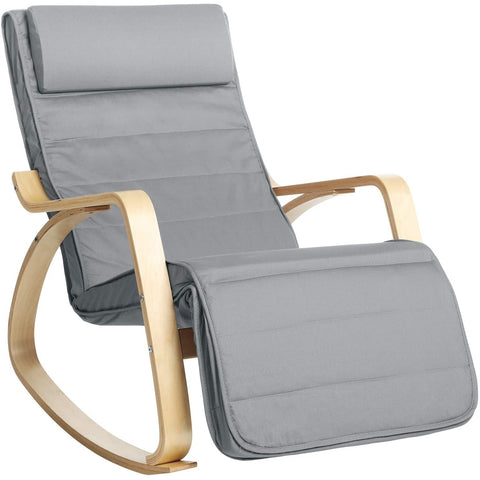 Rootz Rocking Chair - Relax Chair - Armrests - 5-Way Adjustable Footrest - Birch Wood - Gray - Beige - 67 x 115 x 91 cm