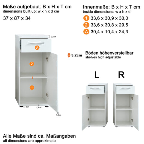 Rootz Bathroom Cabinet - Dresser - Stand - Storage Unit - Cupboard - Sideboard - White - 37 x 87 x 34cm