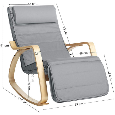 Rootz Rocking Chair - Relax Chair - Armrests - 5-Way Adjustable Footrest - Birch Wood - Gray - Beige - 67 x 115 x 91 cm