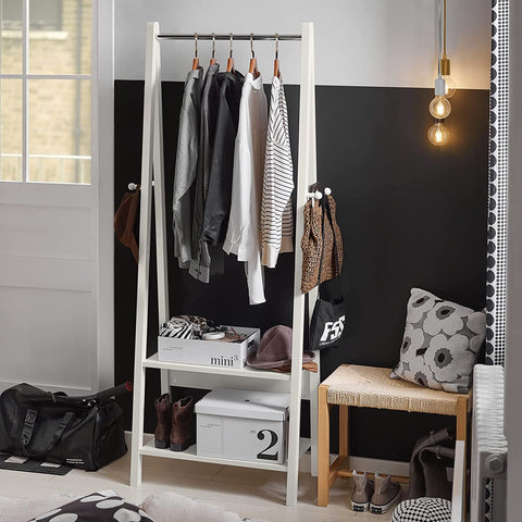 Rootz White Modern Clothes Rail Stand Rack with Two Storage Shelves - Wood Coat Rack Hanging Rail - W66 x D39 x H180cm