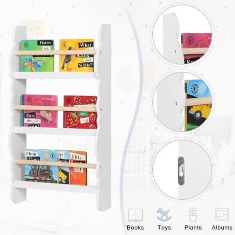 Rootz Children's Bookshelf - Wall-Mounted Bookcase - Kids Storage Unit - Montessori Learning Shelf - Literature Organizer - Story Display - White - 34.7x8.3x3.5inches