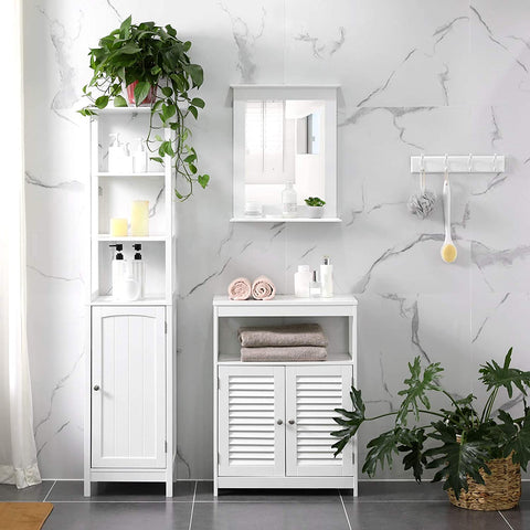 Rootz Wandspiegel – Badezimmerspiegel mit Ablage – Wandmontage, Schminkspiegel, für Schminktisch – 46 x 12 x 55 cm – Mattweiß