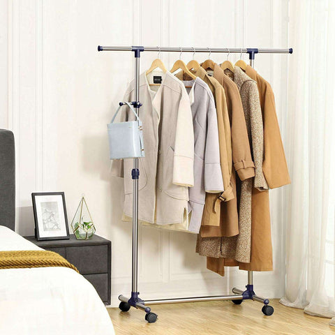 Rootz Adjustable Clothes Rack - Mobile On Wheels - Wardrobe Rack Standing - 150 x 44 x 165