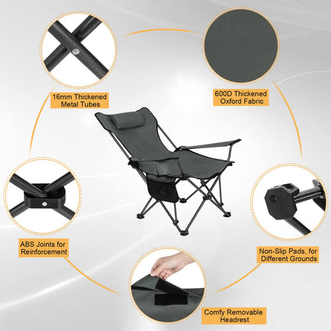 Rootz Camping Chair - Foldable Fishing Seat - Beach Lounger - Reclining Deck Chair - Portable Outdoor Furniture - Relaxation Seat - Gray - 35.7 x 7.7 x 6.9 inches