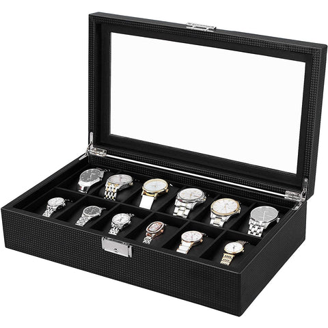 Rootz Watch Box - Watch Storage - 12 Compartimenten - Fluweel - PU - Metalen Gesp - Zwart - 36,2 X 9 X 21,3 cm