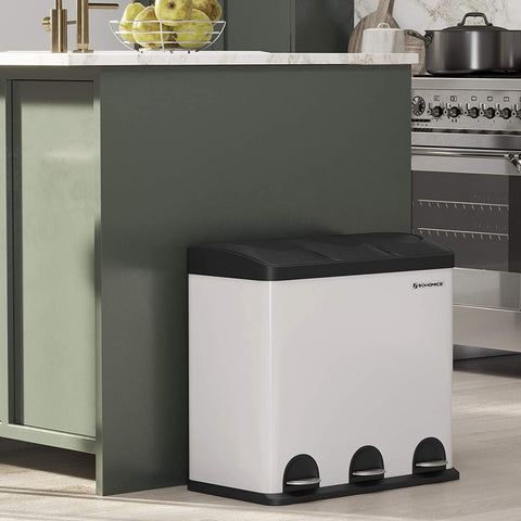 Rootz 54L Trash Can - Pedal Bin - 3 Inner Bins - Waste Separation - White-Black