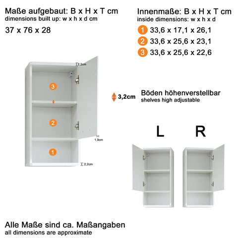 Rootz Bathroom Wall Cabinet - Hanging Storage - Wall Unit - Mounted Shelf - Bath Organizer - Vanity Cupboard - Glossy White - 37x76x28 cm