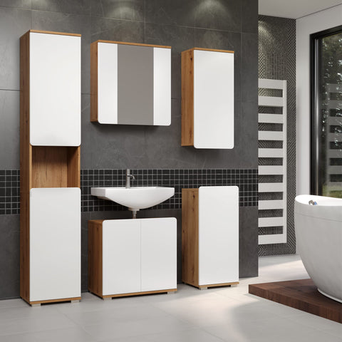 Rootz Bathroom Cabinet - Storage Unit - Washroom Furniture - Vanity Stand - Towel Holder - Restroom Organizer - Bath Rack - White Gloss and Artisan Oak - 37 x 82 x 31 cm