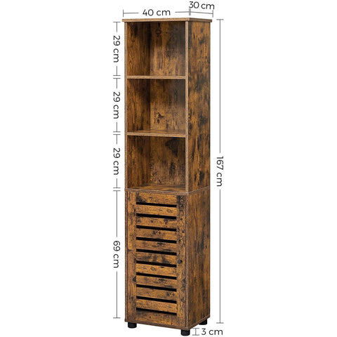 Rootz Storage Cabinet - Bathroom Cabinet - High Cabinet - 3 Open Compartments - Hinged Door - Adjustable Shelves - Industrial - Brown - Processed Wood - 40 x 30 x 167 cm