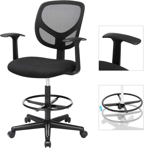 Rootz Office chair - Swivel chair - Work stool - Ergonomic - Armrests - Height Adjustable - Footrest - Black - Plastic - Fabric - 64 x 64 x 97-117 cm