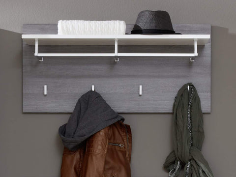 Rootz Wardrobe Panel - Clothes Organizer - Hanging Unit - Coat Rack - Storage Shelf - Entryway Accessory - Wall Mount - White High Gloss & Smoky Silver - 80x40x28cm