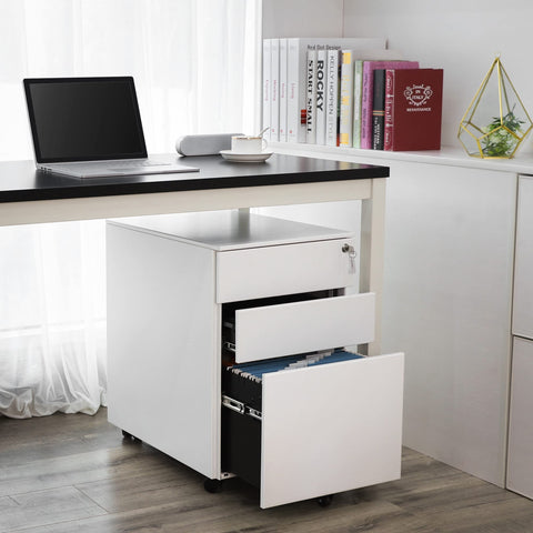Rootz Lockable office cabinet with hanging file - Under desk with 3 drawer - Pre-assembled - For files and documents - White (52 x 39 x 60 cm)