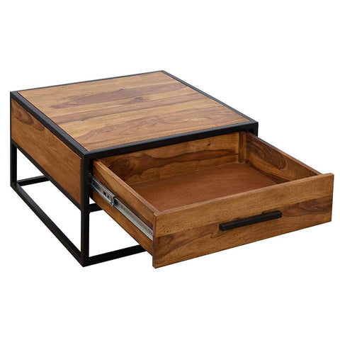 Rootz Industriële Salontafel - Bijzettafel - Massief Hout - Bruin - Luxe Retro Vintage Glazen Salontafel Met Opbergruimte - 65 x 38 x 65 cm