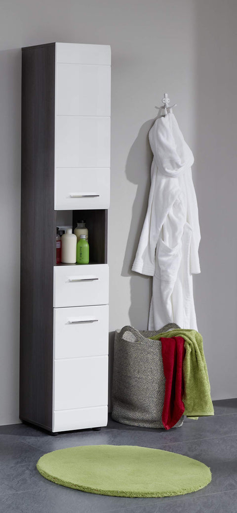 Rootz Tall Cabinet - Bathroom Storage Unit - Tower Shelf - Linen Closet - Utility Cupboard - Vertical Organizer - Standalone Rack - White High Gloss/Smoky Silver - 30 x 182 x 31 cm.