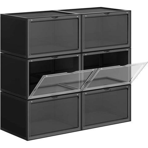 Rootz Shoe Box - Set of 6 - Stackable Shoe Organizer - Shoes up to size 46 - Black/Transparent - 36 x 28 x 22 cm