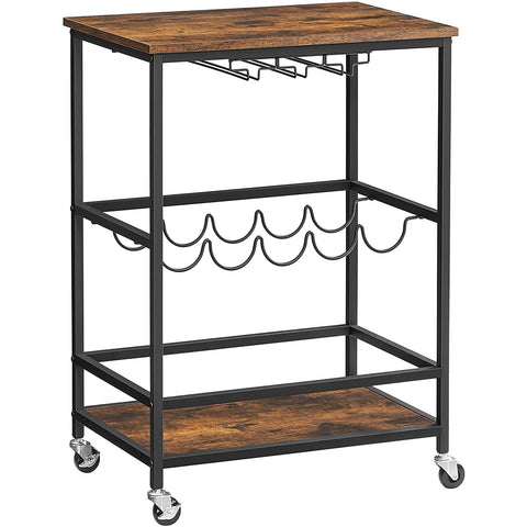 Rootz Keukentrolley - Serveerwagen - Bartrolley - Op wielen - Flessenrek - Glazenhouders - Bruin - Zwart - Bewerkt Hout - Metaal - 60 x 40 x 75 cm