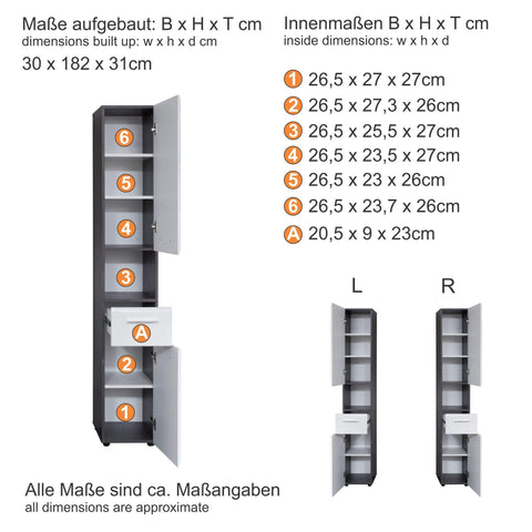 Rootz Tall Cabinet - Bathroom Storage Unit - Tower Shelf - Linen Closet - Utility Cupboard - Vertical Organizer - Standalone Rack - White High Gloss/Smoky Silver - 30 x 182 x 31 cm.