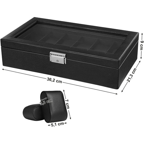 Rootz Watch Box - Watch Storage - 12 Compartimenten - Fluweel - PU - Metalen Gesp - Zwart - 36,2 X 9 X 21,3 cm