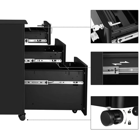 Rootz Scottsbluff File Cabinet - Roll Container - Drawer Cabinet - Wheels - Lock - Documents - Letter Format - Suspension File - Black - Steel - 30 x 46 x 59.2 cm