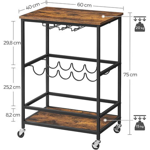 Rootz Keukentrolley - Serveerwagen - Bartrolley - Op wielen - Flessenrek - Glazenhouders - Bruin - Zwart - Bewerkt Hout - Metaal - 60 x 40 x 75 cm