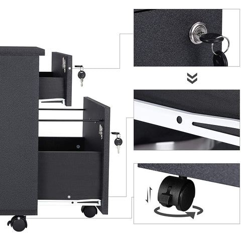 Rootz Drawer Unit Black - Steel Locker On Wheels - Office Cabinet - Roll Container