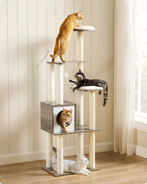 Rootz Scratching Post - Cat House - Cat Cave - With Toy Ball - Cat Tree - Greige - 58 x 40 x 165 cm (L x W x H)