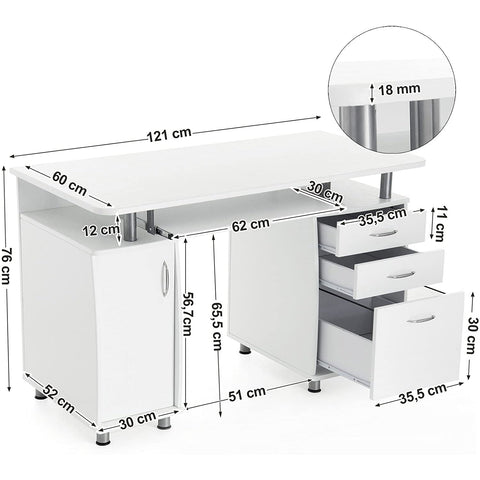 Rootz Desk - Chest of drawers - Storage space - Keyboard shelf - White - Processed Wood - Metal - ?121 x 60 x 76 cm