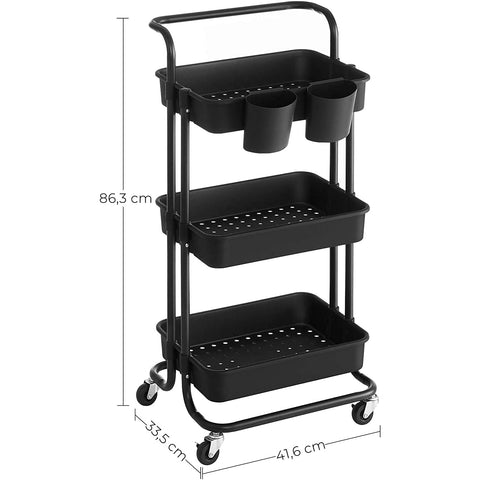 Rootz Kitchen trolley - Kitchen trolley - Serving trolley - 2 Trays - 2 Brakes - Plastic Storage compartments - Black