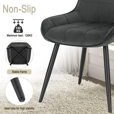 Rootz Ergonomische Fluwelen Eetkamerstoelen - Set van 2 - Stijlvol Gewatteerd Keukenzitje - Donkergrijs - 47cm Zithoogte