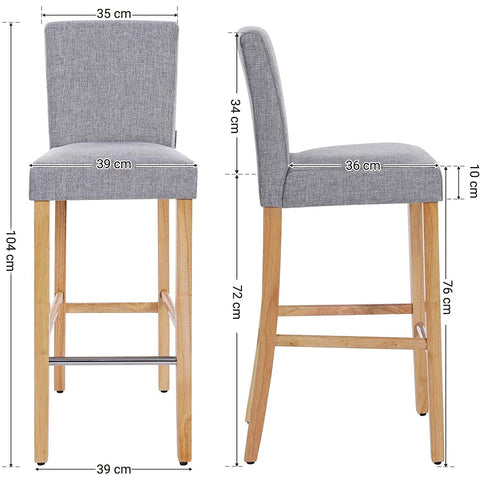 Rootz Bar Stools - Set Of 2 - Upholstered - Backrest - Footrest - Solid Wood - Light Gray - Natural - 39 x 51.5 cm x 104 cm