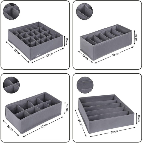 Rootz Storage Boxes - Drawer Organizer - Compartments - Foldable - Underwear - Socks - Ties - Fabric - Set Of 4 - Dark Gray