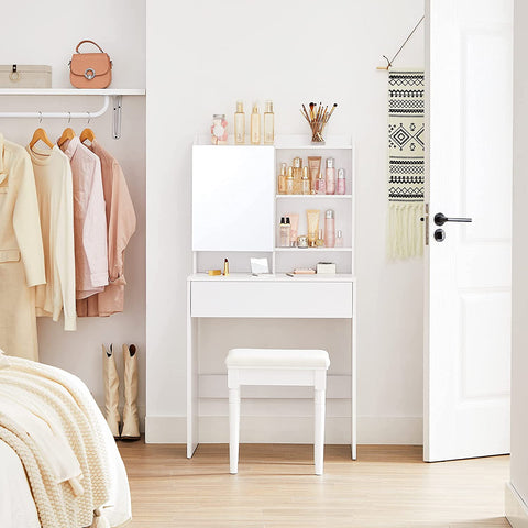 Rootz Dressing Table - Cosmetic Table - Open Compartments - Mirror - 1 Drawer - Adjustable Shelves - White - Processed Wood - 70 x 40 x 136 cm