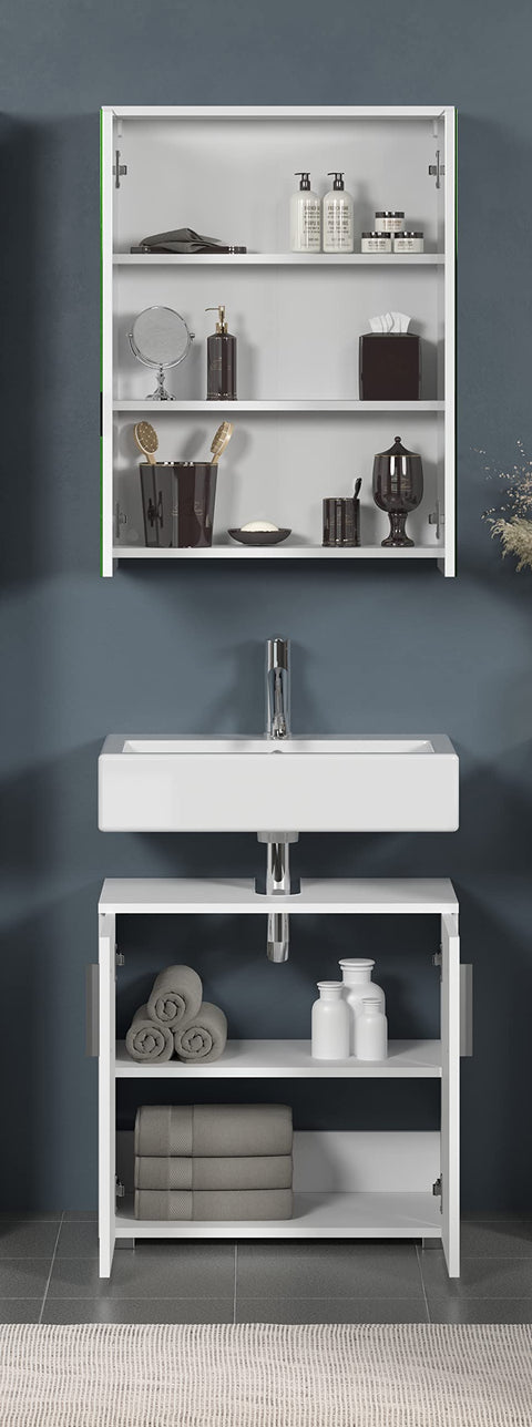 Rootz Vanity Unit - Bathroom Cabinet - Under-Sink Storage - Washstand - Bath Organizer - Sink Console - Base Cabinet - White with High Gloss Finish - 60x58x34 cm
