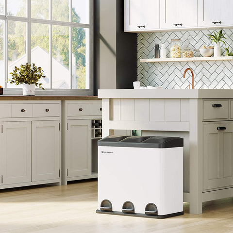 Rootz 54L Trash Can - Pedal Bin - 3 Inner Bins - Waste Separation - White-Black